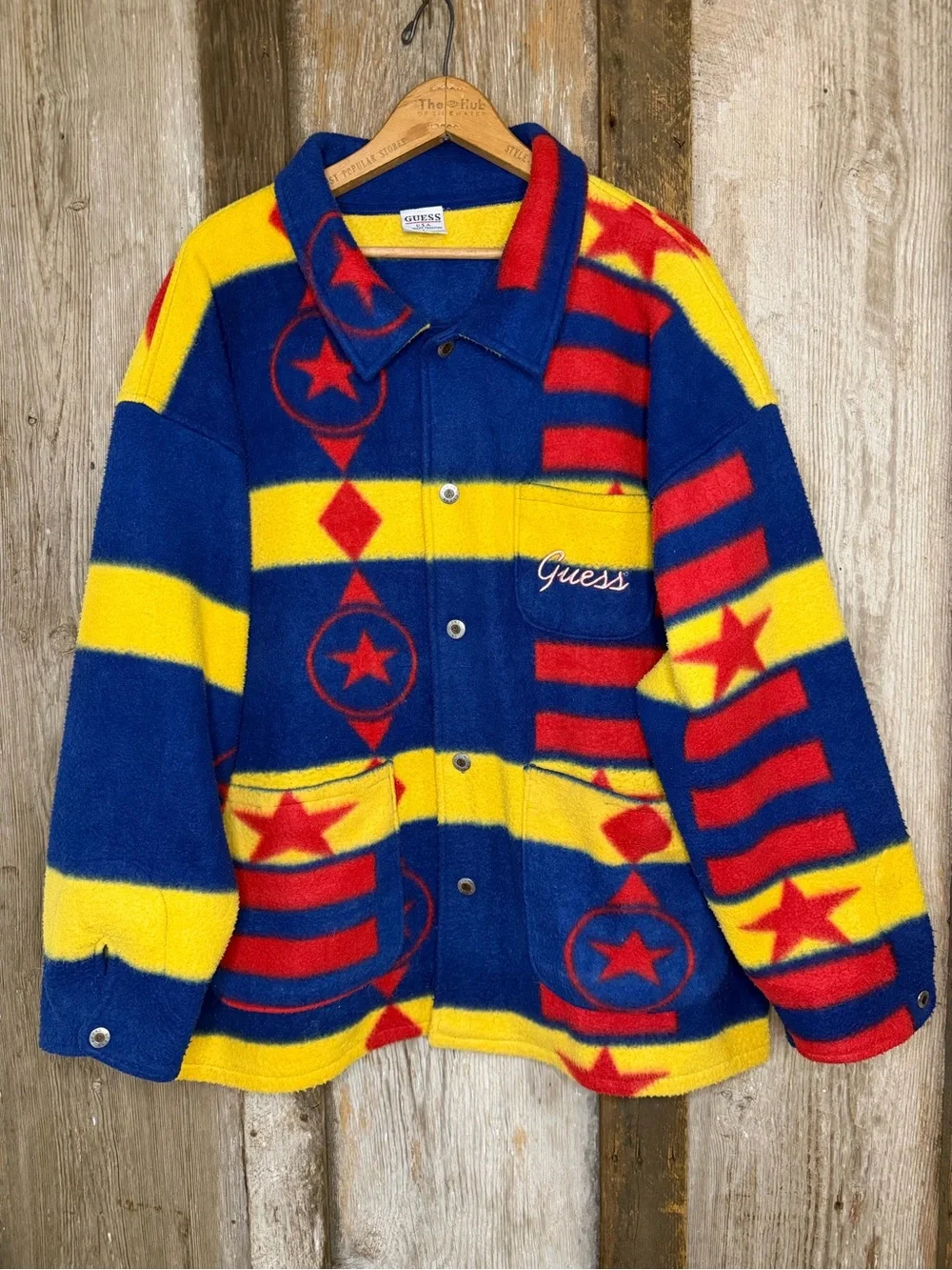 VTG 90s Guess Fleece Button Up Jacket Coat Bold Colorblock Red Navy Yellow: LG